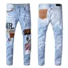 Heren Dames Merk Designer Paarse Jeans Grote maat Denim Broek Geperforeerde broek Hip Hop Geperforeerde Rits amirs Broek Letter Patch Slim Fit Elastisch Small Foot Jeans A