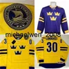 Weng Men's #30 Henrik Lundqvist Ręcznie Malowane szwedzkie koszulki na żółto fioletowe 100% szwane haft hokej