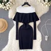 Basic Casual Dresses 2024 Korean Autumn Winter Black White Patchwork Ruffles Pencil Dress Chic Women O Neck Knitted Split Long Sleeve Sweater Vestido