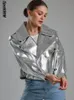 Damjackor överdimensionerade silver falska läderjacka Elegant Loose Lapel Långärmad kappa Autumn Lady Streetwear PU Motorcykel 231110