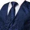 Men's Vests Hi-Tie Navy Blue Mens Silk Vest Fashion Paisley Jacquard Handkerchief Cufflinks Necktie Sleeveless Wistcoat Set Wedding Business