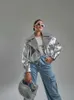 Damjackor överdimensionerade silver falska läderjacka Elegant Loose Lapel Långärmad kappa Autumn Lady Streetwear PU Motorcykel 231110