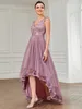 Elegant Evening Dresses Sleeveless High-Low V Neck Tulle Ever pretty of Prom Dresses with Navy Blue Sequin Appliques Gown