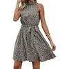 Women 2023 Summer Halter Neck Dresses Sleeveless Casual Floral Polka Dot Leopard Print Short Boho Ruffle Sundress