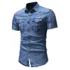 Camisas casuais masculinas de verão masculino de manga curta de manga curta camisa masculina de botão casual Hip Hop Extreme Jeans Men Blue Shirt 230412