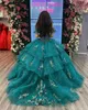 Robes de Quinceanera vert chasseur avec des appliques en dentelle, 15 ans, épaules dénudées, robes de fête d'anniversaire pour filles mexicaines