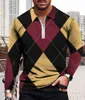 Men's Polos Men's casual spring/summer long sleeved Men's zippered T-shirt Geometric patchwork printed top Street golf suit 230412