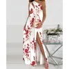 Casual Dresses Sexy Sleeveless One Shoulder Maxi Long Dress Irregular Hollow Out Ruched Wrap Front Side High Split Pleated Flowy Gown