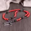 Pendant Necklaces Vintage 8mm Red Pine Stone Christ Rosary Necklaces Hematite Cross Pendant Necklace for Men Women Jewelry Wholesale Drop 230412