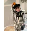 Clothing Sets Kids Girls Warm Knitting Lapel Collar Long Sleeve One Breasted Coat High Waist Striped Straight Pants 2pcs Suits