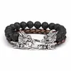 Wholesale Natural Stone Beads Leather Rope Double Layer Bracelets Men's Vintage Alloy Dragon Bracelets