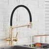 Kitchen Faucets Brushed Gold Faucet Filtered Water Dual Spout Purification Feature Tap 360 Rotation Crane For 230411