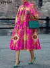 Zweiteiliges Kleid 2023 VONDA Frauen Sommer Bohemian Plissee Bedrucktes Midi-Sommerkleid Stehkragen Schnürung 34 Laternenärmel Lässige elegante Robe 230412