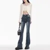 Jeans da Donna Design Doppia Tasca Micro Svasato Americano Stretch Pantaloni Piccoli Blu Grigio Vita Alta Ferro di Cavallo Lunghi
