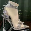 Metallisk kristall utsmyckad ankel-slips sandaler klackade stilett klackar för kvinnor fest kvällskor öppen tå kalv spegel läder lyxiga designers fabrikskor