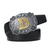 Bälten Western Zinc Alloy Buckle Leather Cowboy Letters Belt präglade för män