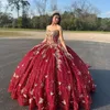 Rode Sweetheart Baljurk Quinceanera Jurken Goud Applique Strik Kristal Kralen Uit De Schouder Linten Corset Vestido De 15 Anos