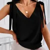 Tanks pour femmes 2023 Femmes Summer Top Lace Up Deep V Col Low-Cut Lady Blouse Couleur Solide Sans manches Dress-up Lâche Casual pour un usage quotidien