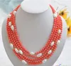 Correntes Joias Natural 5row 21 "Rosa Coral Bead Branco Barroco Pérola COLAR