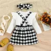 Clothing Sets Autumn Winter Toddler Kids Clothes Girls Ruffles Long Sleeve Knitted Bodysuits TopsPlaid Suspender Button DressHeadband 230412