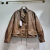 Women's Leather Streetwear Fashion Vintage Brown Short Faux PU Coat Women Autumn Casual Stand Collar Long Sleeve Female Biker Jacket