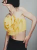 Women's Summer Tanks new yellow color 3D organza gauze big flower spaghetti strap knitted crop top bustier vest camis SML