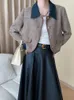 Jaquetas femininas soltas ajuste cáqui denim tamanho grande cor-bloco jaqueta lapela manga longa casaco feminino moda maré primavera outono o648