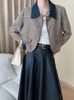 Women's Jackets Loose Fit Khaki Denim Big Size Color-block Jacket Lapel Long Sleeve Women Coat Fashion Tide Spring Autumn O648