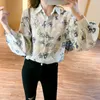 Kvinnors blusar chikichi 2023 Autumn Korean Fashion Jacquard tryckt skjorta långärmad netto röd lös tunna blus kvinnors topp