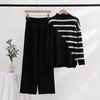 Women's Two Piece Pants Autumn Winter Striped Knitted Pants Suits For Women Stand Collar Thick Loose Sweater + Wide Leg Pants Casual Two Piece Set 2024