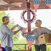 Decorative Flowers Red White Blue Patriotic Wreath And Independent Day Welcome Sign For Front Door With Led Light Porch Plants