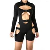 Roupa de ginástica Bodysuit de neon e traje de jogador Sexy Hollow Out Buckle Biker 2023 Spring Sleeve Longa Turtleneck Jacssuit Women Women Tracksuit