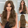 Brown center split bangs with large waves and natural long curly wigs