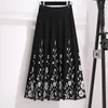 Skirts Black gray red floral knitted long pleated women's ski suit Spring/Summer/Autumn Vintage High Waist D0430 230412