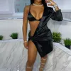 Work Dresses BKLD Clothing For Women 2023 Autumn Two Piece Set Long Sleeve One Shoulder Satin Mini Dress And Bra Crop Top 2 Outfits