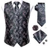 Mäns västar Hi-Tie High Quality Silk Mens Vests Pink Grey Floral Waistcoat Tie Hanky ​​Cufflinks Brooch Set for Men Pass Wedding Office Gift 230412