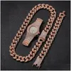 Colar de pulseira Hip Hop Bling Chains Jewelry Men Iced Out Diamond Miami Chain Chain Rose Gold Gold Sier Watch Colares Set D DHGARDEN OT41X