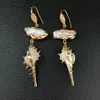 Dangle Chandelier YYGEM Sea Snail shell drop Yellow gold Plated White Biwa Pearl dangle Earrings punk style for women 230412