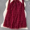 Basic Casual Dresses Elegant Autumn Spring Pink Mesh Tierred Ruffles Cake Dress High Quality Women Stand Collar Dot Tulle Lace Up Party Midi Vestidos 2024