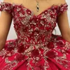 Robe De bal rouge brillant Quinceanera robes or Appliques dentelle perles hors De l'épaule Corset doux 15 robes De 15 Anos