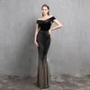 Plus -storlek Bourgogne Slash Neck Evening Dress Elegant Velor Patchwork paljetter Slim Party Dress Mermaid Formella klänningar Kvinnliga klänning