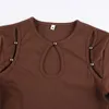 Women's Blouses S-XL Women Cut Out Shirt Crop Tops Fashion Round Neck Button Connected Long Sleeves Brown For Spring