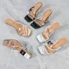 Sandals höga häl 2023 Summer Belt Transparent Horseshoe tofflor Fashion Party Women 7.5cm 230412