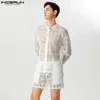 Survêtements pour hommes 2023 Hommes Ensembles Dentelle Mesh Sexy Solide Chemise à manches longues Shorts Deux pièces Streetwear Transparent Costumes de mode Incerun