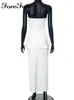 فستان من قطعتين قمادة y2k sexy club party chest hollow Out Women Crop Top and High Weavt Midi Skirt White Outfit 230411