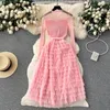 Basic Casual Dresses Elegant Autumn Spring Pink Mesh Tierred Ruffles Cake Dress High Quality Women Stand Collar Dot Tulle Lace Up Party Midi Vestidos 2024