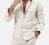 Camisas casuais masculinas outono 2023 cor sólida lapela colarinho camisa dupla bolso moda versátil manga longa cardigan top homem roupas