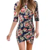 Casual Dresses Spring Summer 2023 Women Irregular Hem Bodycon Dress Pleated Wrapped Hip Half Sleeve Printed Floral For