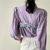 Women's T Shirts 2023 Women Korean Ladies Tops Fashion CottageCore Brodery Purple Puff Sleeve Top och Blus Long Designer Shirt