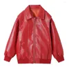 Jaqueta feminina de couro outono e inverno moda americana vintage vinho vermelho artificial manga comprida casaco com zíper